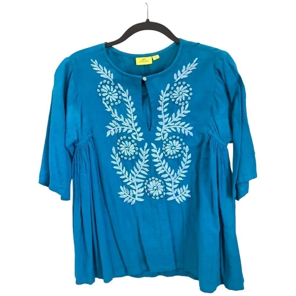 ROLLER RABBIT Teal Cotton Shirt White Embroidery Bohemian Size Small